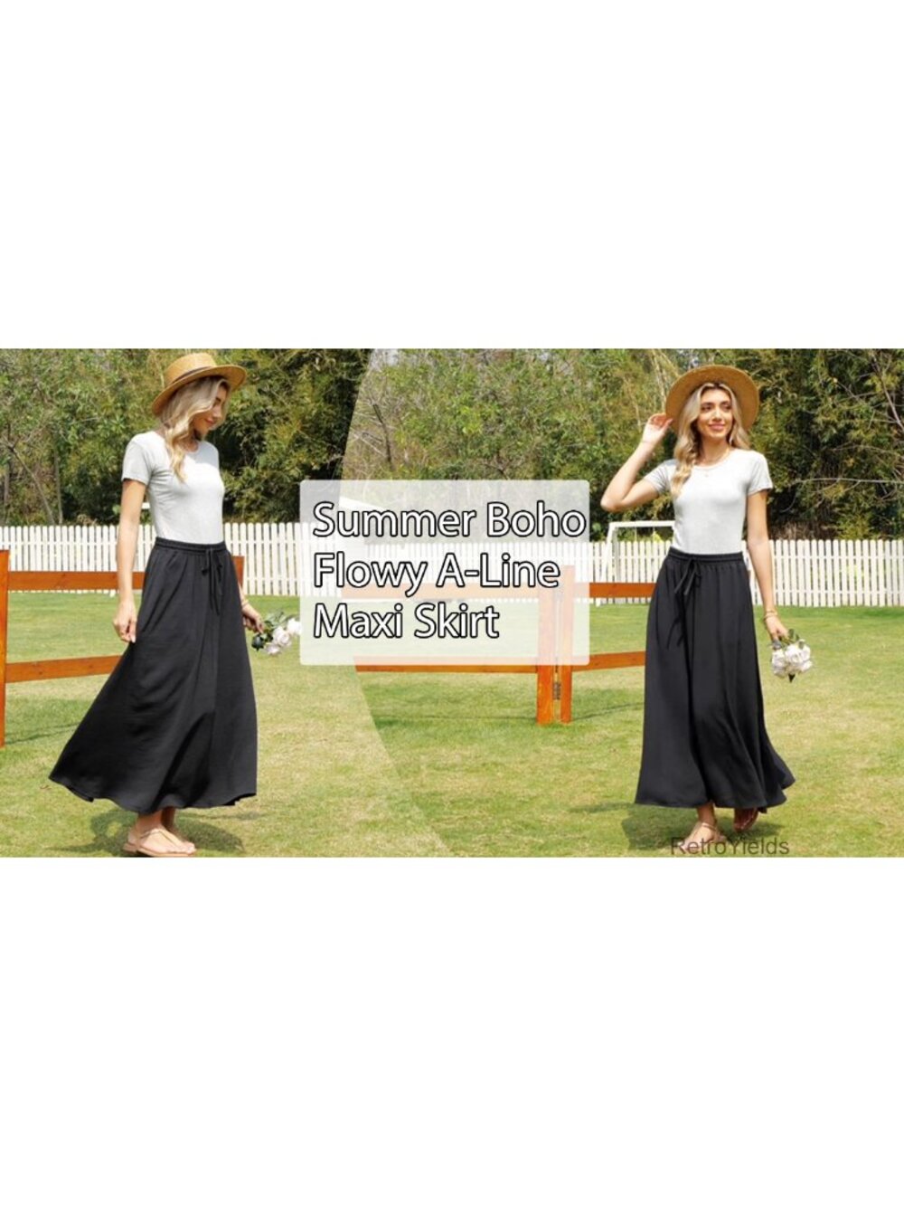Flowy Maxi Skirt with Pockets Elastic Waist Pleated Boho Beach Long Skirt - Picture 5 of 6